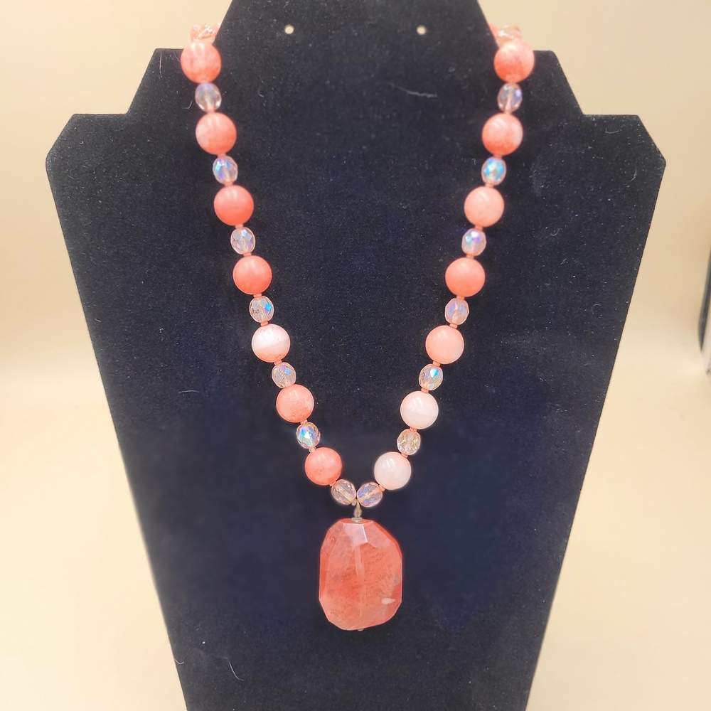 Boho Western Fairycore Peach Pink Glass Bead Stone Statement Necklace 19 in